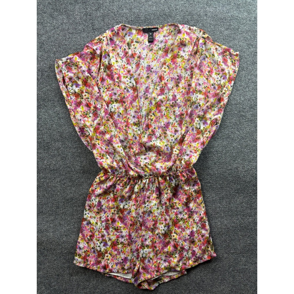 Aqua Romper Womens Medium Multi Color Floral Surplice V-Neck Elastic Summer